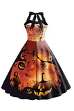 Vestido vintage halter azul estampado de Halloween