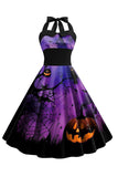 Vestido vintage halter azul estampado de Halloween