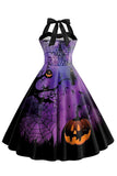 Vestido vintage halter azul estampado de Halloween