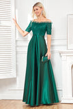 Off the shoulder verde oscuro brillante lentejuelas largo vestido de graduación con hendidura