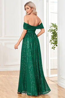 Lentejuelas brillantes Verde oscuro del hombro Un vestido de graduación de línea con hendidura