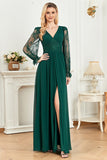 Encaje verde oscuro largo SLeeves A Line Prom Dress