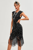 Vestido de Gatsby de la década de 1920 con flecos con cuentas negras brillantes