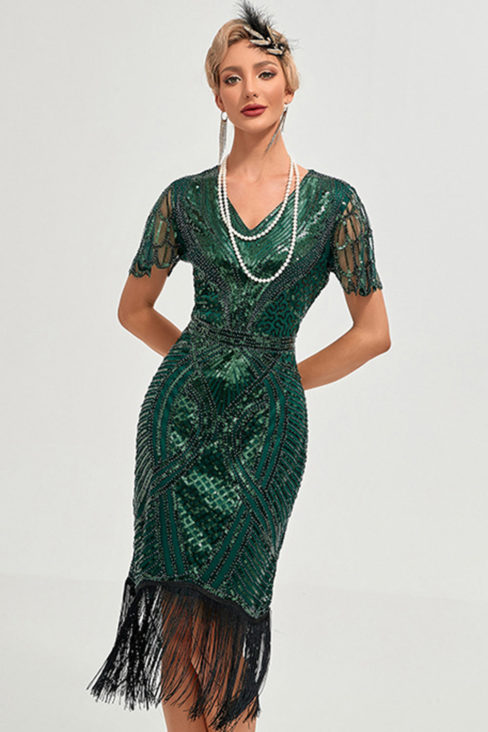 Mangas de casquillo con flecos de cuentas verde oscuro brillante Vestido de Gatsby de la década de 1920