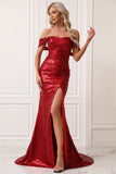 Vestido de fiesta rojo de sirena brillante con hombros descubiertos con abertura