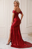 Vestido de fiesta rojo de sirena brillante con hombros descubiertos con abertura