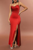 Vestido de fiesta simple con tirantes de espagueti rojo satinado con abertura