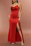 Vestido de fiesta simple con tirantes de espagueti rojo satinado con abertura