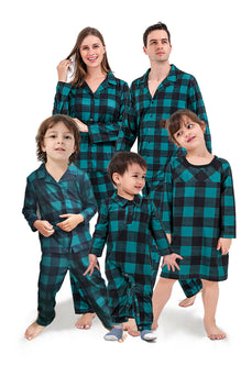 Juego de pijama de 2 piezas a juego de la familia a cuadros navideños verde oscuro