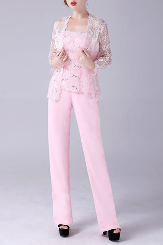 Abrigo de encaje rosa de 3 piezas Madre de la novia Trajes de pantalón