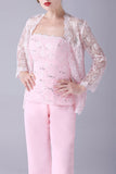 Abrigo de encaje rosa de 3 piezas Madre de la novia Trajes de pantalón
