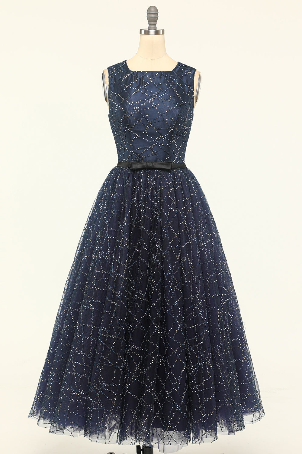 Glitter Navy Tulle Prom Vestido