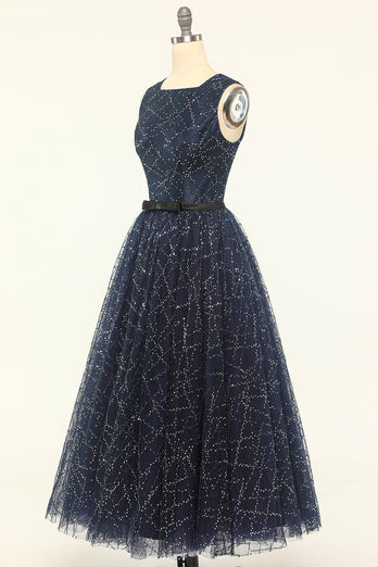 Glitter Navy Tulle Prom Vestido