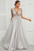 Cargar imagen en el visor de la galería, Deep V Neck Grey Long Prom Dress con apliques