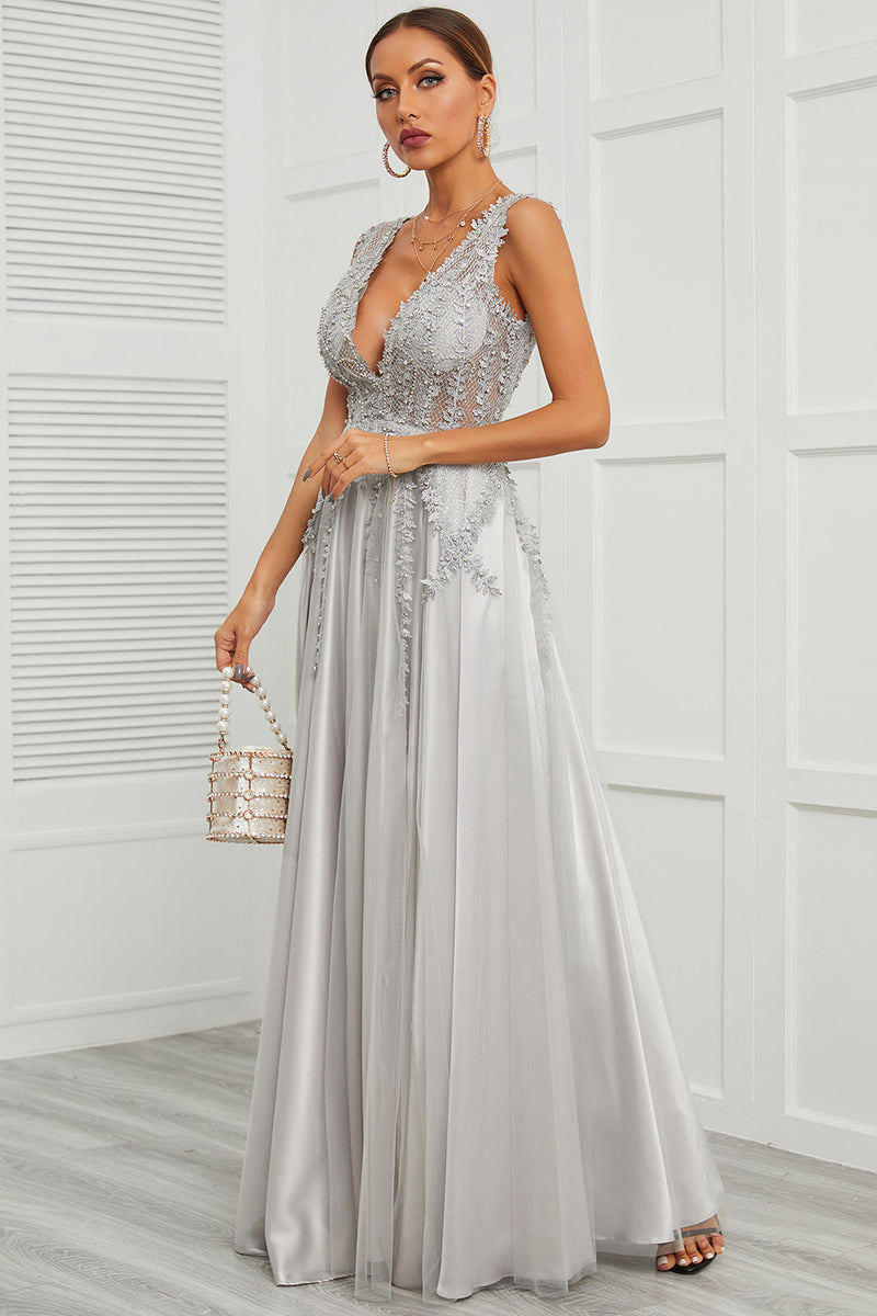 Cargar imagen en el visor de la galería, Deep V Neck Grey Long Prom Dress con apliques