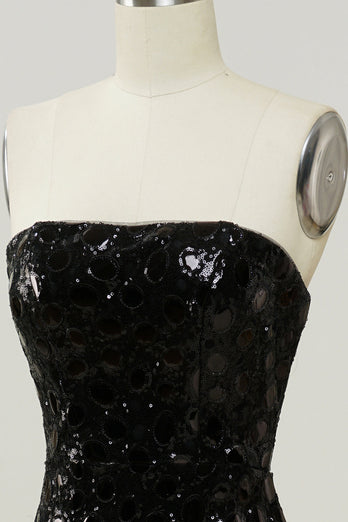 Vestido de lentejuelas negro sin tirantes sirena