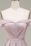 Vestido de fiesta gris rosa brillante con hombros descubiertos y plisado