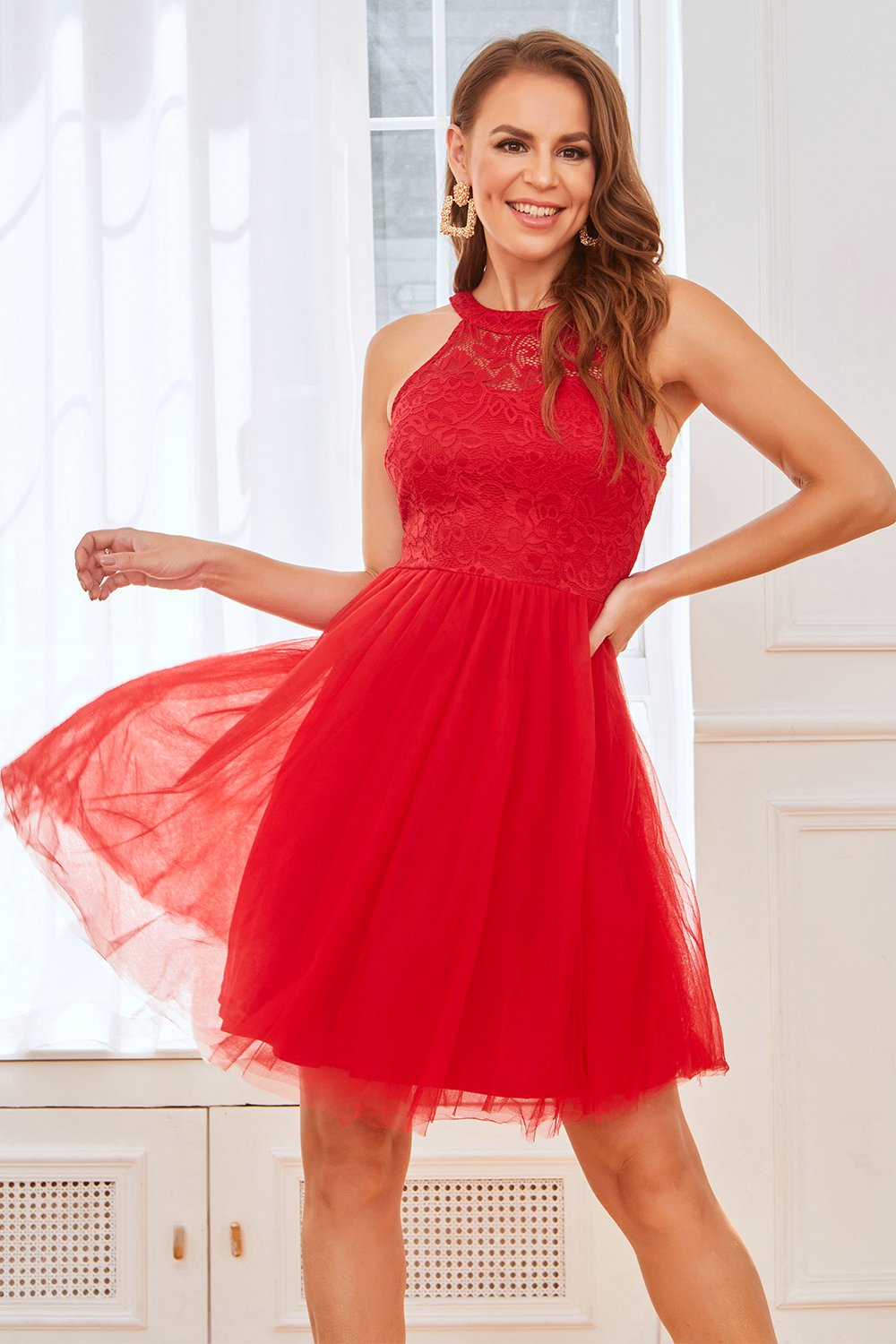 Vestido corto de cóctel de encaje rojo