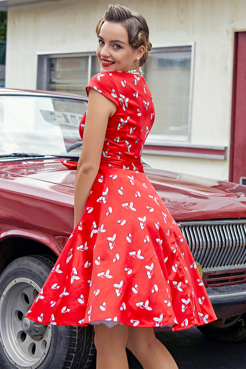 Cargar imagen en el visor de la galería, Vestido de cereza rojo de los años 50