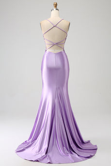 Elegante vestido de fiesta largo de tirantes de espagueti de sirena lila con abertura de apliques