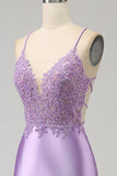 Elegante vestido de fiesta largo de tirantes de espagueti de sirena lila con abertura de apliques
