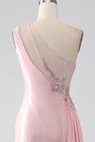 Vestido de fiesta fruncido con apliques de lentejuelas de un hombro rosa con abertura