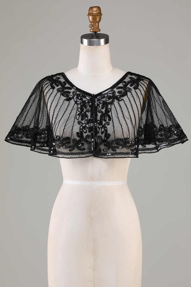 Cargar imagen en el visor de la galería, Black Beaded Glitter 1920s Cape for Women