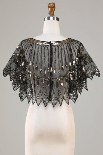 Lentejuelas negras Glitter 1920s Cape con abalorios