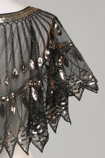Lentejuelas negras Glitter 1920s Cape con abalorios