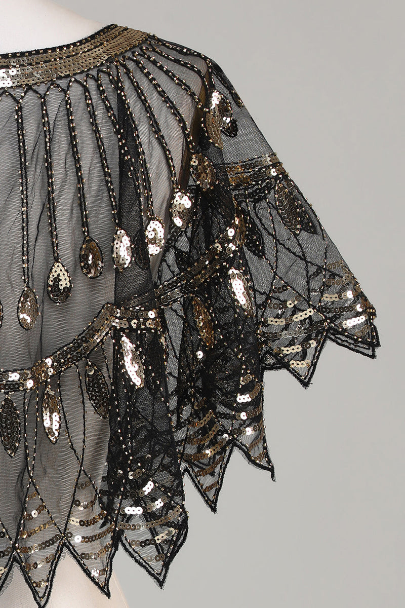 Cargar imagen en el visor de la galería, Lentejuelas negras Glitter 1920s Cape con abalorios