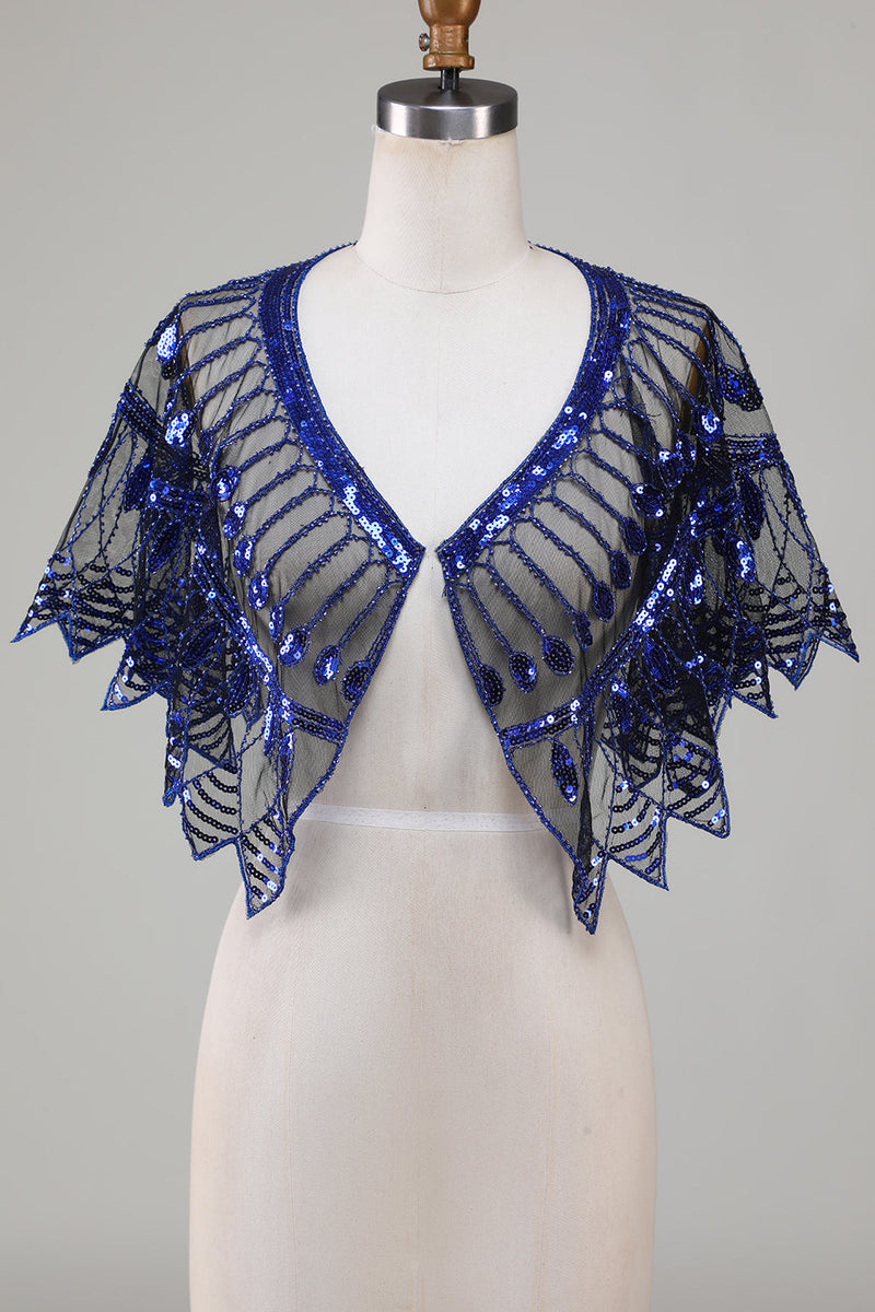 Cargar imagen en el visor de la galería, Lentejuelas negras Glitter 1920s Cape con abalorios