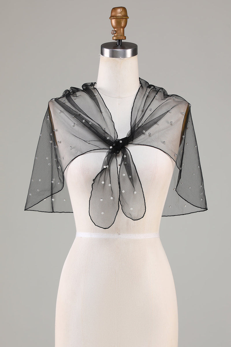 Cargar imagen en el visor de la galería, Tul negro 1920s Cabo con perlas