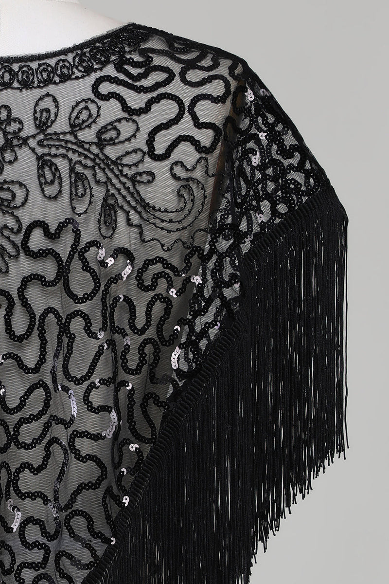 Cargar imagen en el visor de la galería, Lentejuelas negras Brillo Cabo de la década de 1920 con flecos