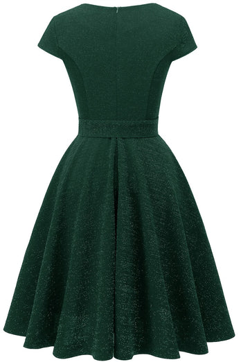 Vestido verde oscuro vintage de la década de 1950 con faja