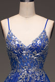 Vestido de fiesta azul real de lentejuelas de una línea con apliques