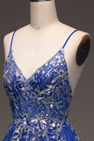 Vestido de fiesta azul real de lentejuelas de una línea con apliques