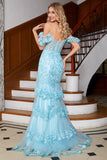 Elegante vestido de fiesta largo de sirena con hombros descubiertos azul cielo con volantes de encaje