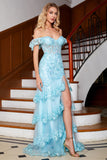 Elegante vestido de fiesta largo de sirena con hombros descubiertos azul cielo con volantes de encaje