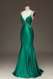 Vestido de fiesta de sirena de satén verde profundo con escote en V y espalda con cordones