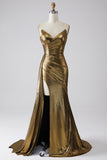 Vestido de fiesta largo metálico dorado de sirena brillante con abertura
