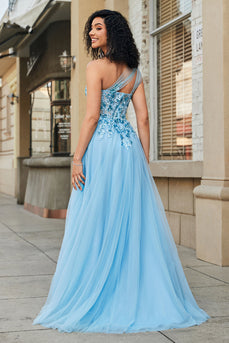 Precioso vestido de fiesta corsé azul claro de un hombro de una línea con apliques