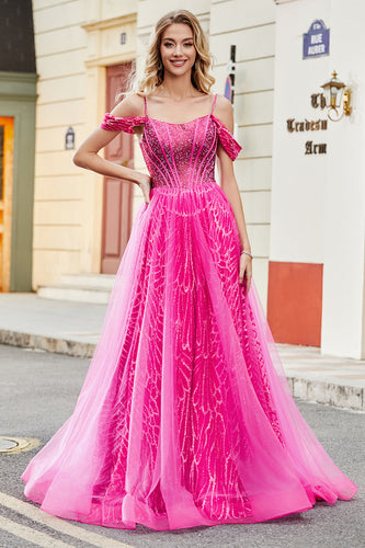 Vestido de fiesta de corsé rosa caliente brillante de Shoudler frío de una línea con abalorios