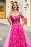 Vestido de fiesta de corsé rosa caliente brillante de Shoudler frío de una línea con abalorios