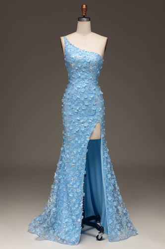Vestido de fiesta de lentejuelas con abertura lateral de sirena azul claro de un hombro con apliques