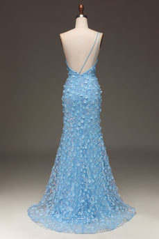 Vestido de fiesta de lentejuelas con abertura lateral de sirena azul claro de un hombro con apliques