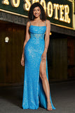 Impresionante vestido de fiesta de corsé azul con correas de espagueti de sirena con frente dividido