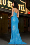 Impresionante vestido de fiesta de corsé azul con correas de espagueti de sirena con frente dividido