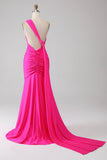 Vestido de fiesta largo de un hombro rosa intenso de sirena