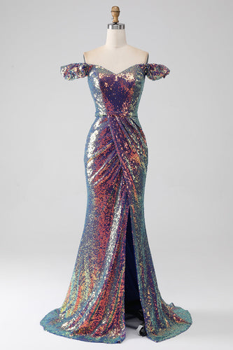 Sirena brillante con hombros descubiertos Vestido de fiesta púrpura con abertura