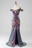 Sirena brillante con hombros descubiertos Vestido de fiesta púrpura con abertura